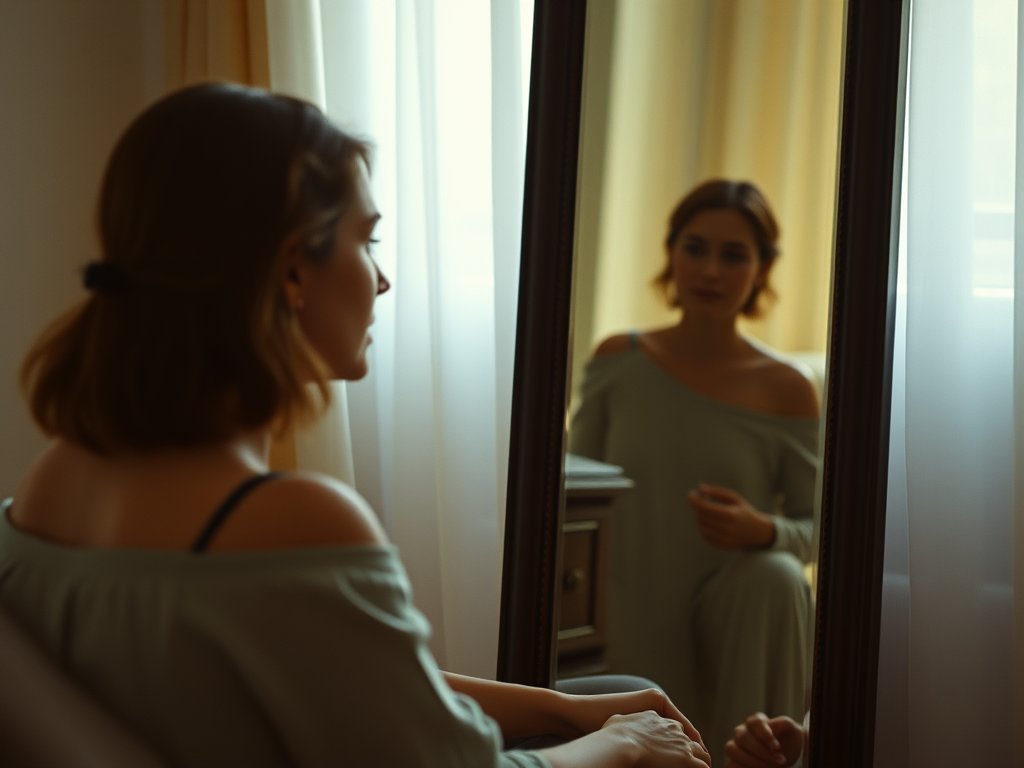 woman looking at self in mirror