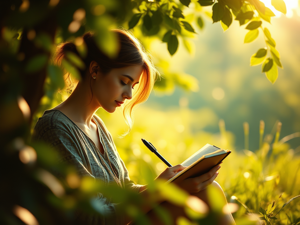 woman journaling at tree