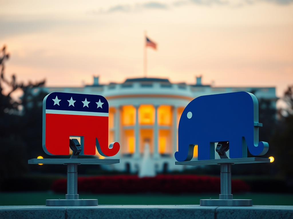 democrat and republican symbols in front of white house