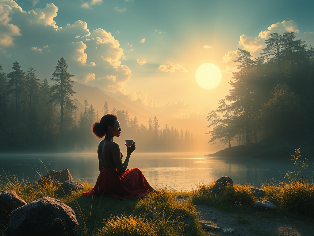 woman sitting at lake