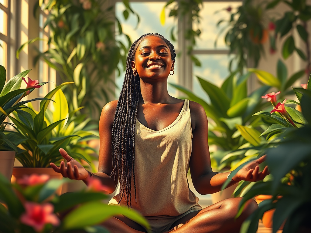 woman meditating among plants