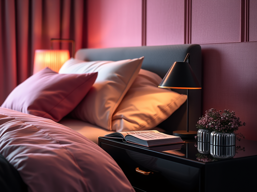 a comfy bed in pink and gray hues