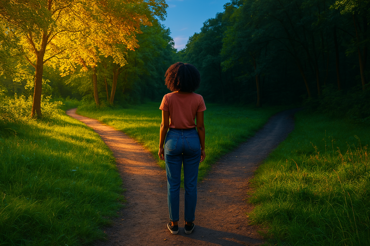 woman at fork in the road, light and dark