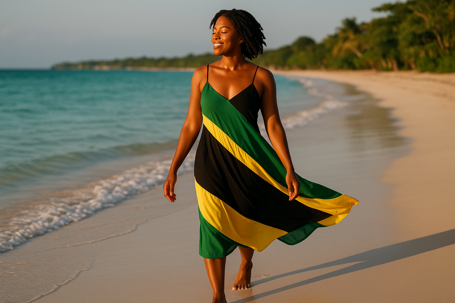 A confident woman walking alone on a beach, embracing freedom and safety while traveling solo